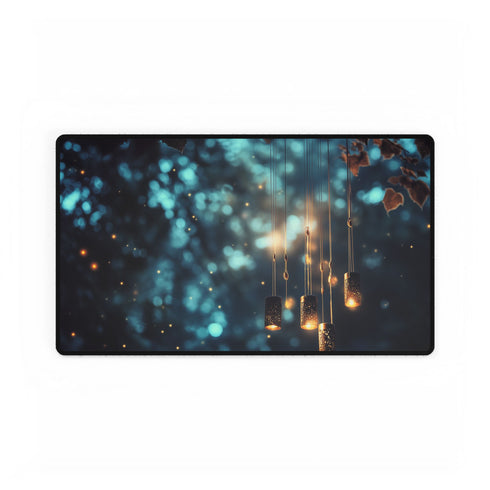 Mystical Wind Chimes Glowing in Night — XL & XXL Desk Mat — Gaming & Workspace Desk Setup View