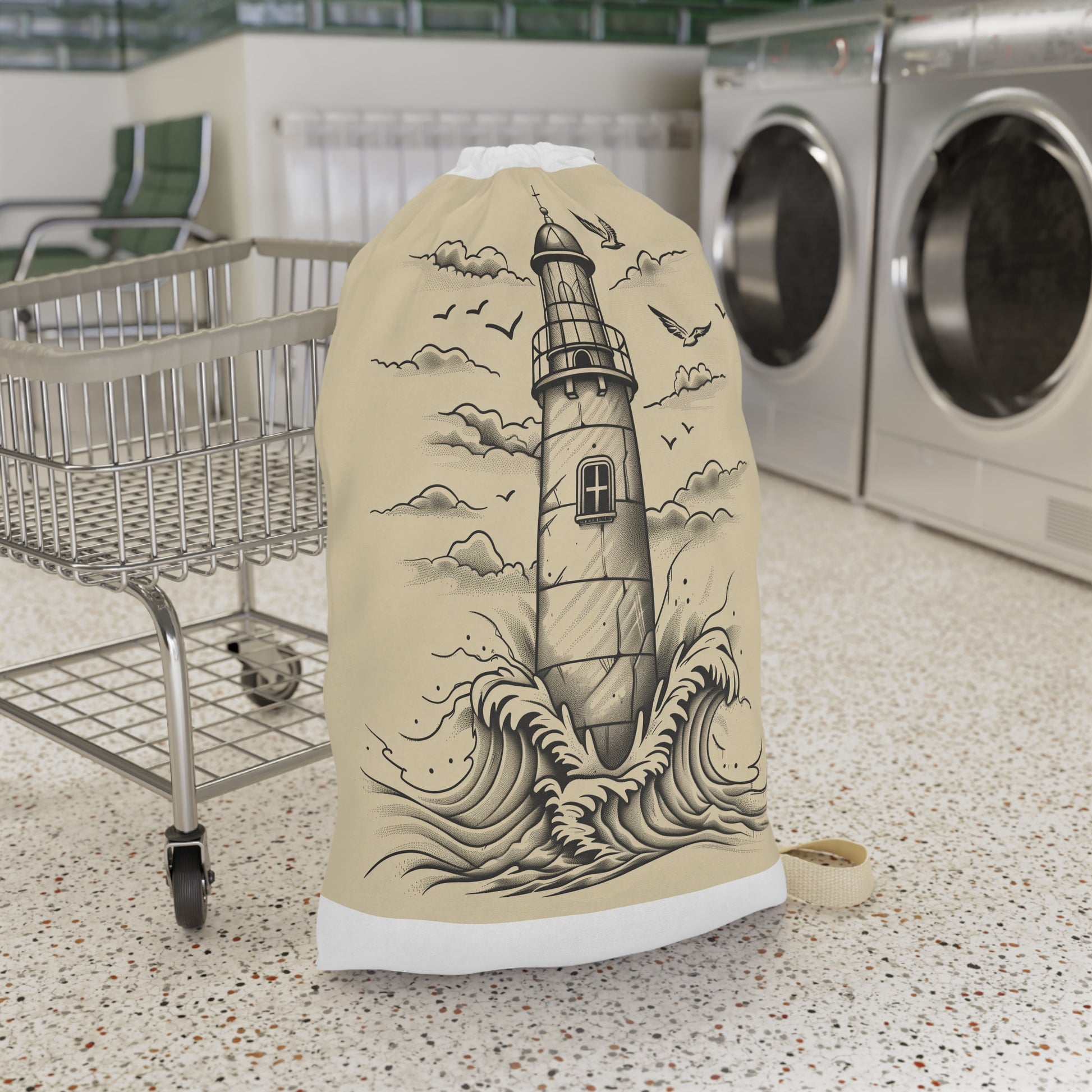 Nautical Lighthouse Laundry Bag - Hand-drawn design with waves, perfect for coastal charm in your laundry routine.