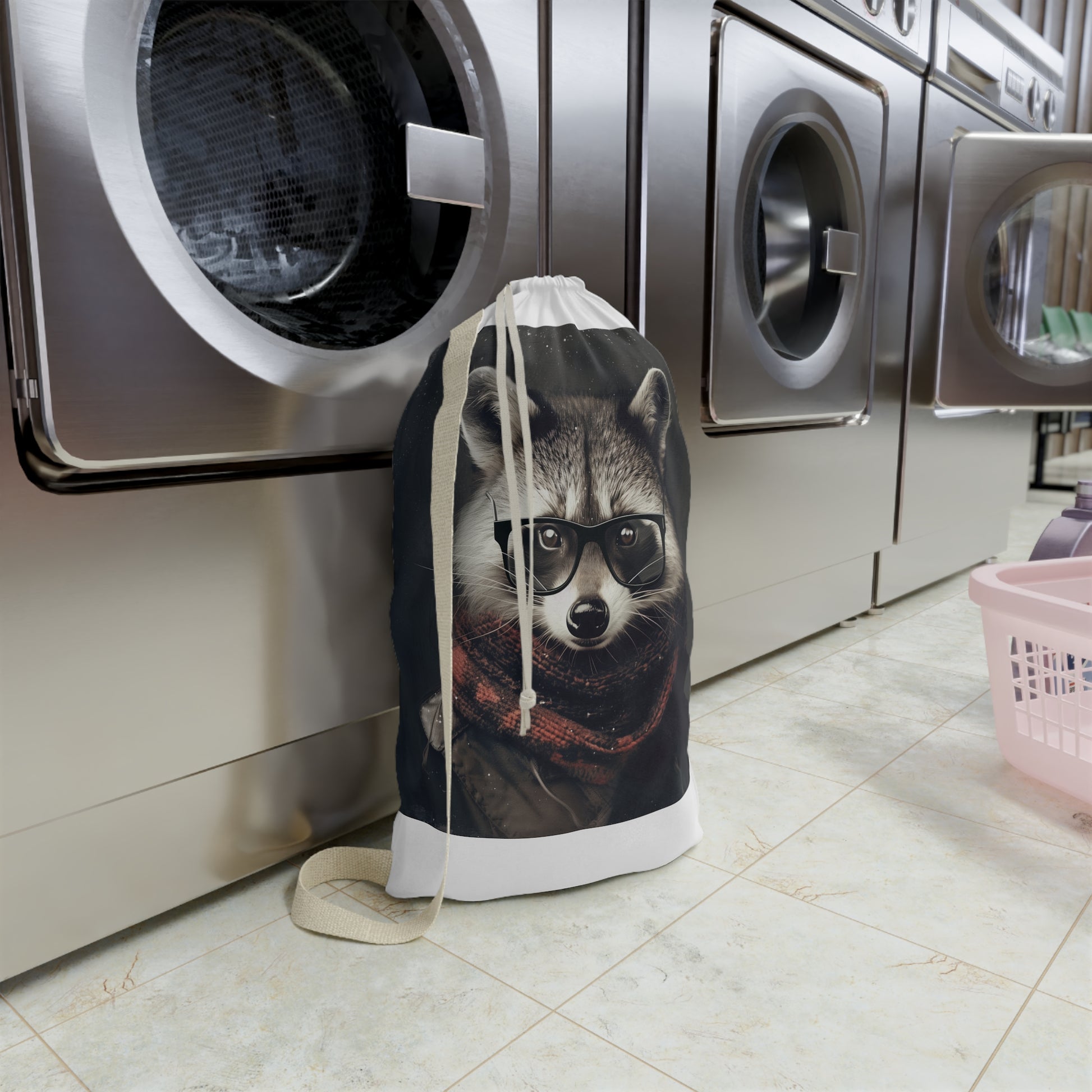 Trendy Raccoon Hipster Laundry Bag with Adorable Glasses Design