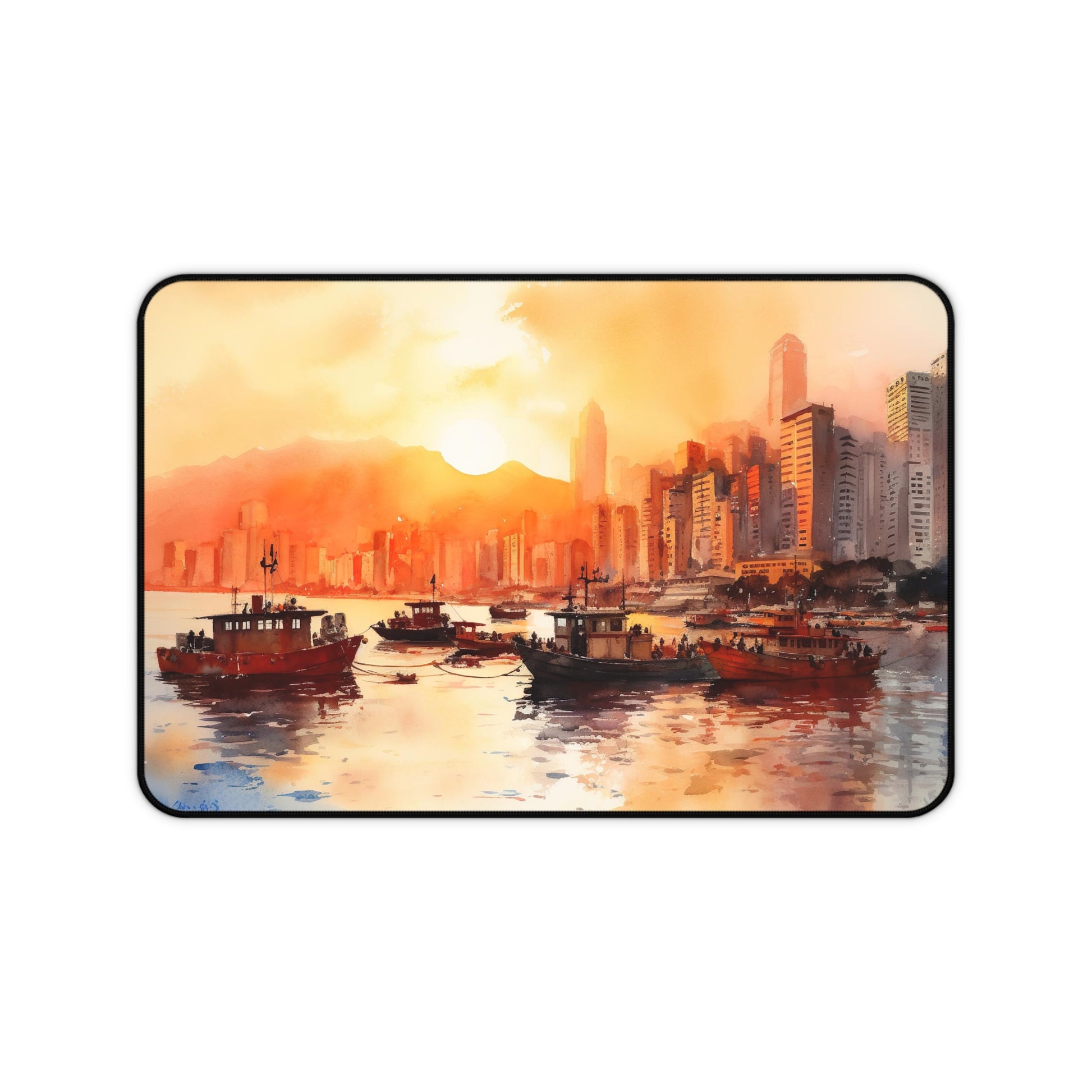 "Stunning Hong Kong skyline desk mat for vibrant workspace inspiration"