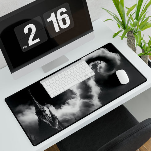 Cloud Serpent Winding Between Spires — XL & XXL Desk Mat — 3mm Non-Slip Natural Rubber Base Detail