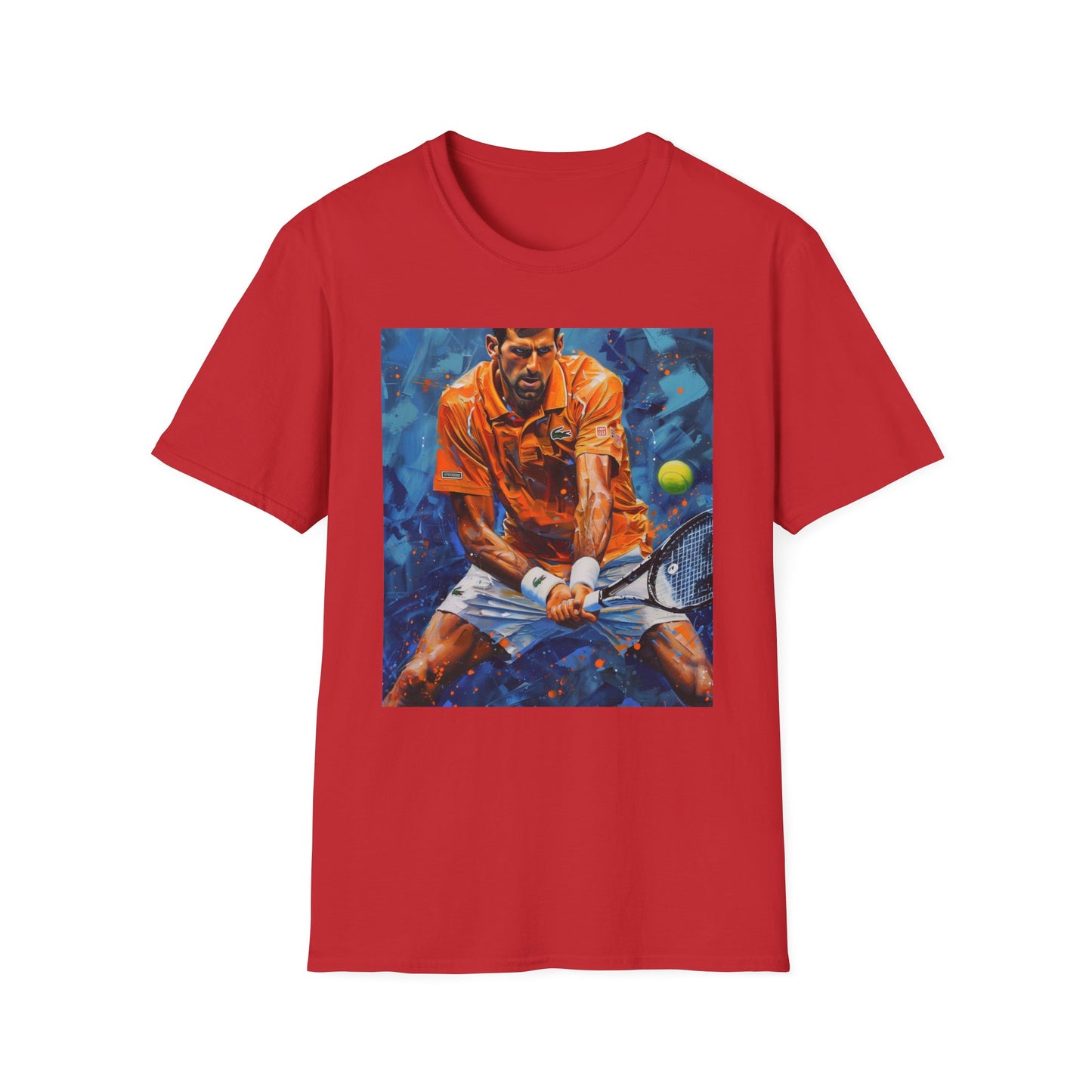 Alt text: "Ace of the Court: Djokovic Painting T-shirt featuring vibrant portrait of legendary tennis player with precise serve, agile footwork, and fierce competitive spirit"