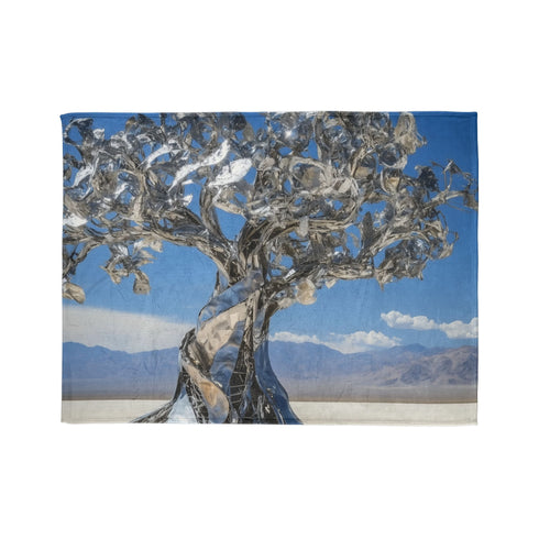 Mechanical Tree in Metallic Desert — Plush Fleece Throw Blanket — 300 GSM Plush Coral Fleece Texture Close-Up