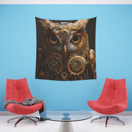 Clockwork Owl: A Steampunk Tapestry | Wall Tapestry | All Over Print, AOP, Decor, Halloween, Home & Living, Home Decor, Indoor, Spring Essentials, Sublimation, Tapestry | Prints with Passion