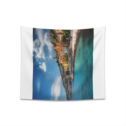 Azure Riviera Tapestry: French Riviera Coastal Scene Wall Art - High-Quality Decor for All Seasons