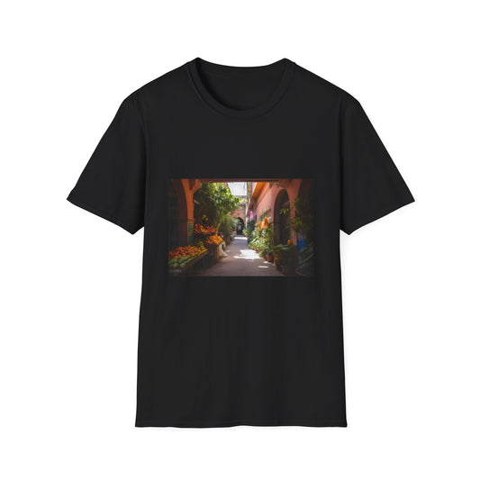 Alt text: "A Tapestry of Colors in Marrakech's Heart T-shirt - Vibrant design capturing the essence of Marrakech's bustling markets and lush gardens, evoking the warmth of the Moroccan sun and the scent of spices."
