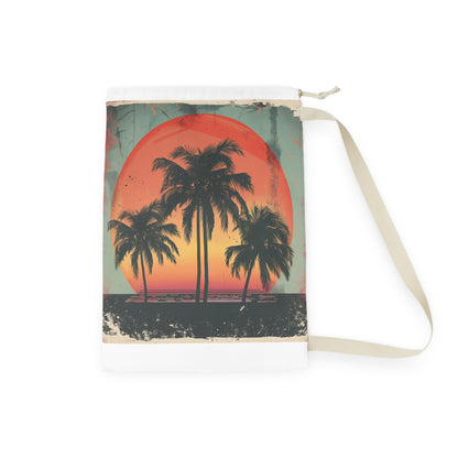 "Retro Sunset Palm Tree Laundry Bag - Keep laundry organized in style with tropical palm tree design"