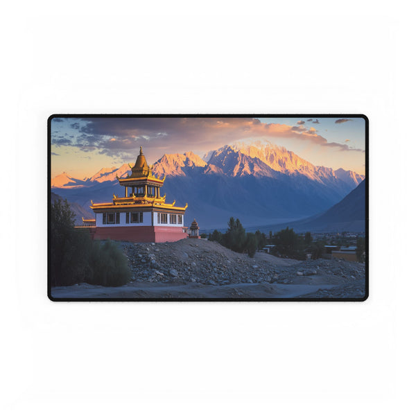 Mountain Temple at Golden Hour — XL & XXL Desk Mat — Gaming & Workspace Desk Setup View