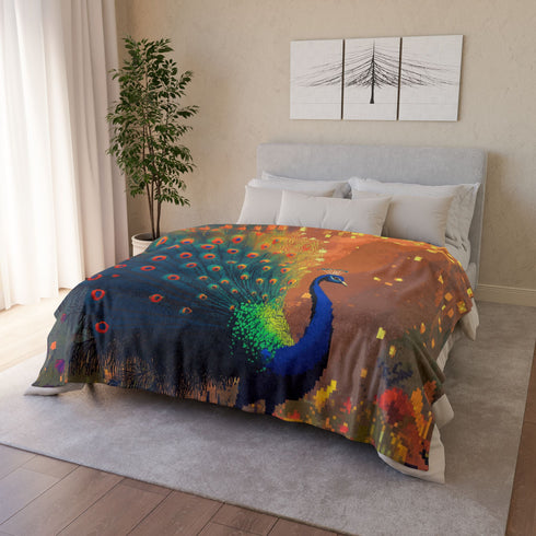 Ghost Peacock in Pixel Forest — Plush Fleece Throw Blanket — Product Detail View 12