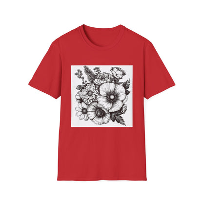 Blooming Brilliance: Hand-Drawn Floral T-shirt 
 Nature's Canvas: Hand-Drawn Botanical Symphony T-shirt