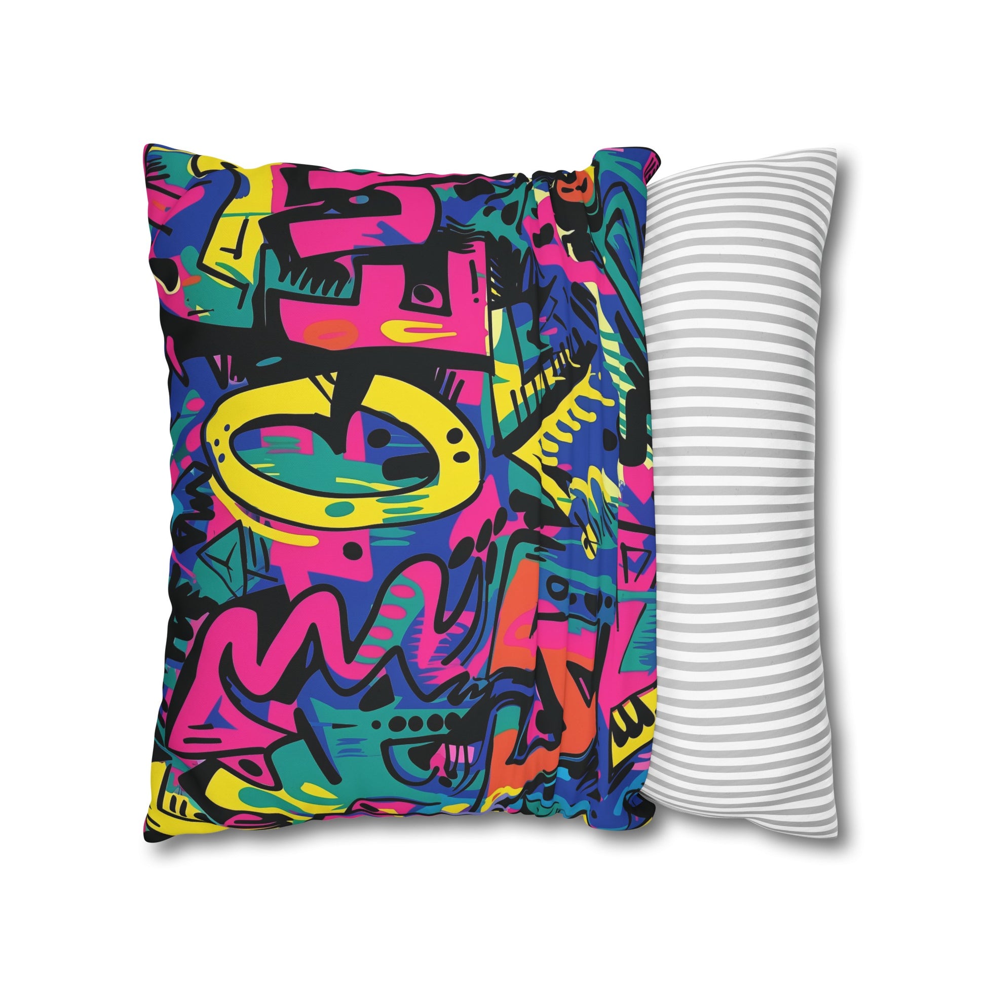 "Neon Urban Graffiti Pillowcase - Vibrant street art design for a colorful bedroom makeover"