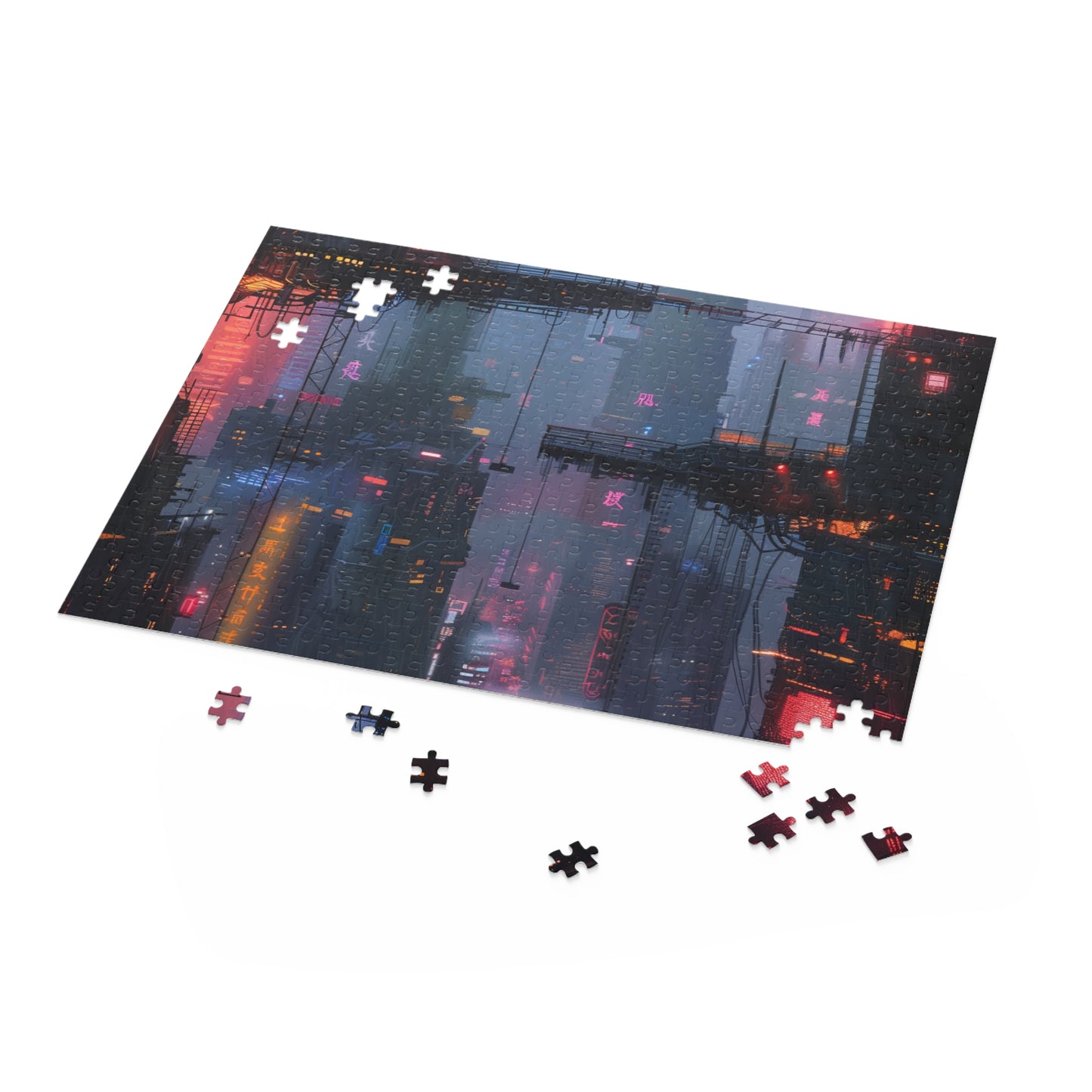 "Challenging Cyberpunk cityscape jigsaw puzzle - neon-lit streets and skyscrapers"