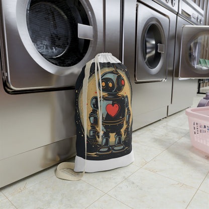 "Cute retro robot heart laundry bag for stylish and organized laundry transport"