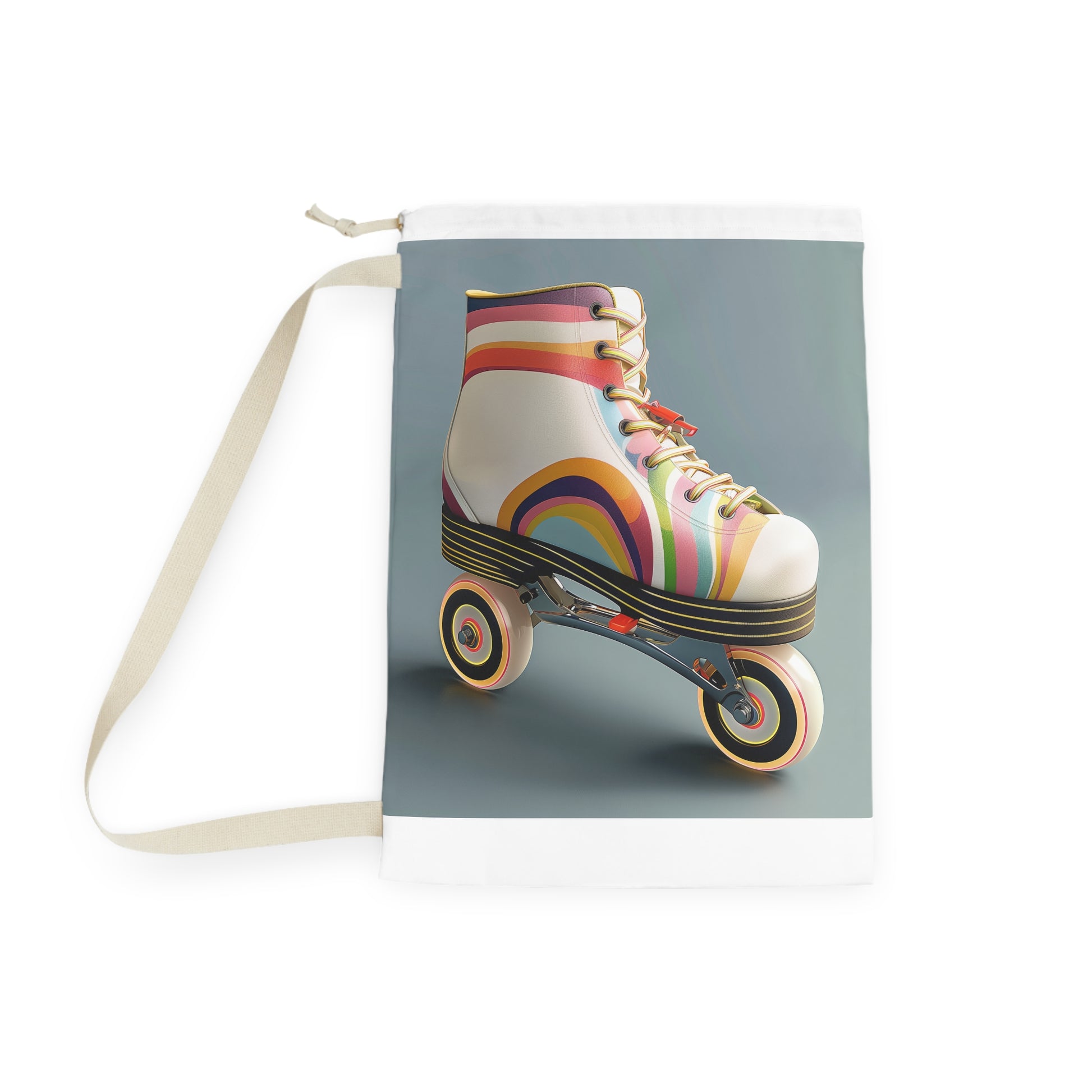 "Retro roller skate laundry bag with vibrant stripes for elevated laundry routine"