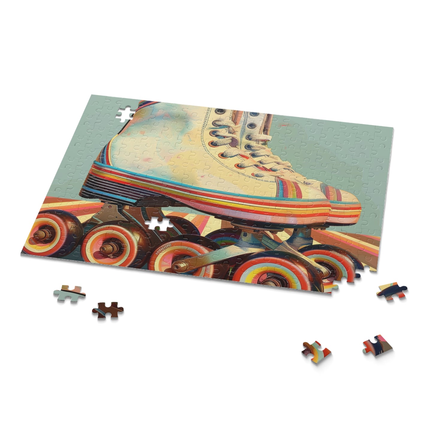 Retro Skates Puzzle - Colorful jigsaw featuring vibrant roller skates, perfect for puzzle enthusiasts and lovers of nostalgic design.