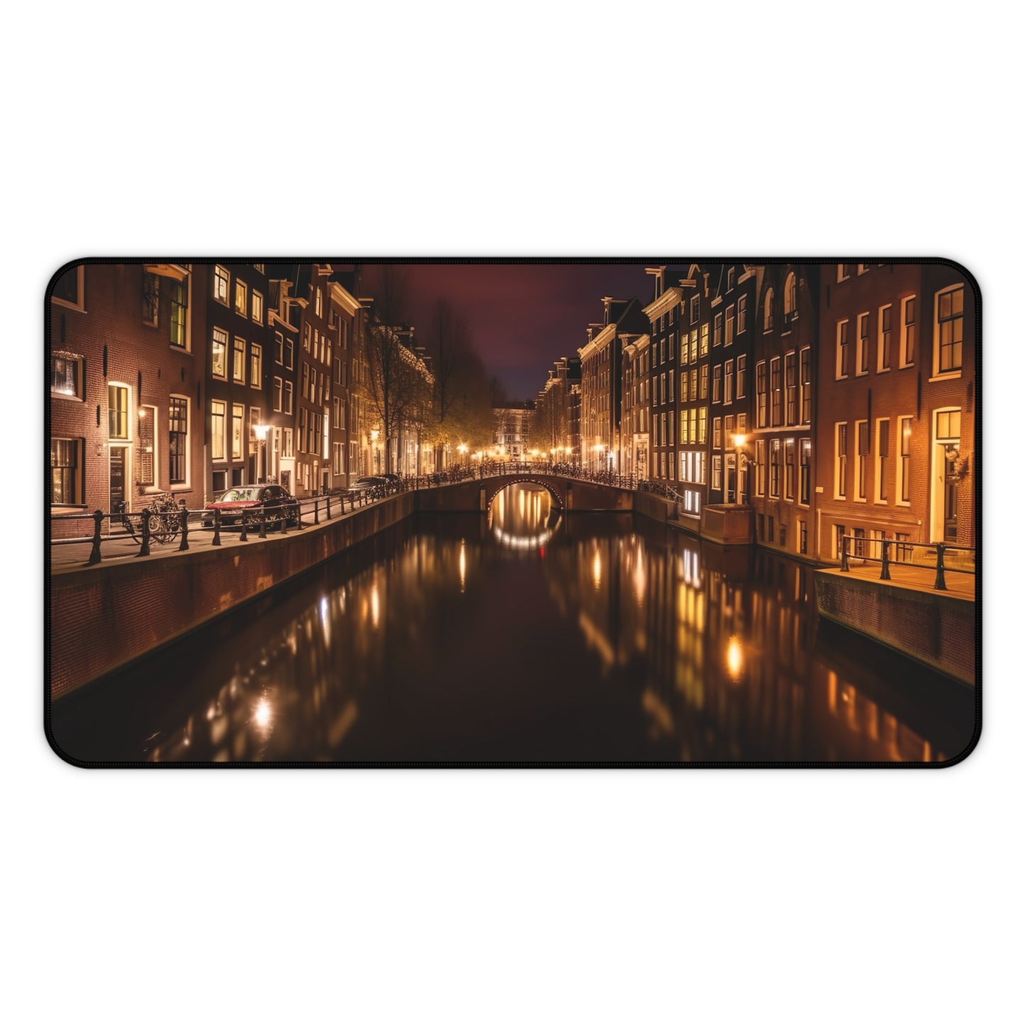 "Amsterdam Canals Night Desk Mat - Transform your workspace with stunning image of iconic canals at night"