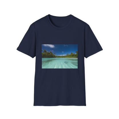 "Aitutaki Paradise Unveiled T-shirt showcasing tranquil lagoon, vibrant coral reefs, white sand beaches, and lush tropical landscapes - perfect for dreamy escapes and peaceful moments of beauty"