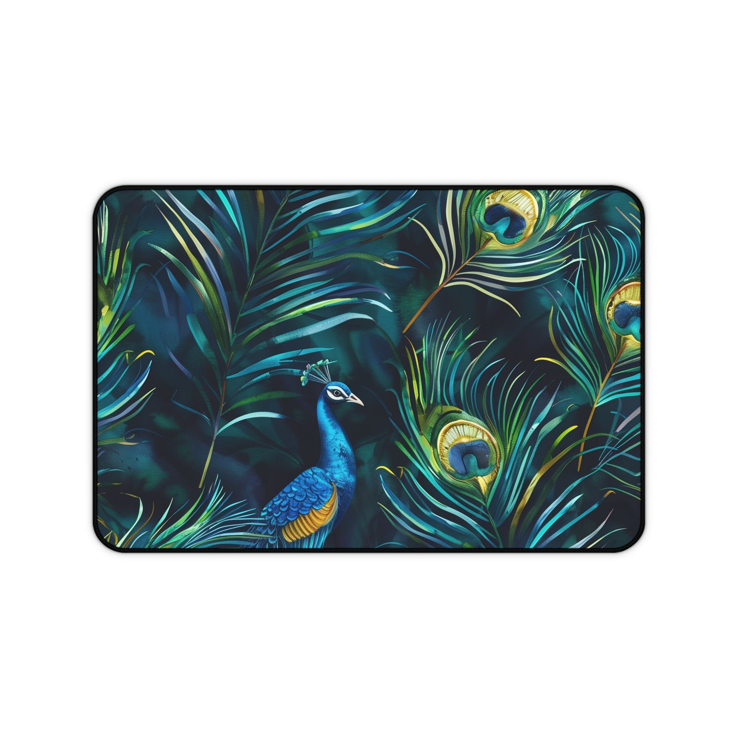 "Vibrant blue peacock feather desk mat for elegant workspace decor"