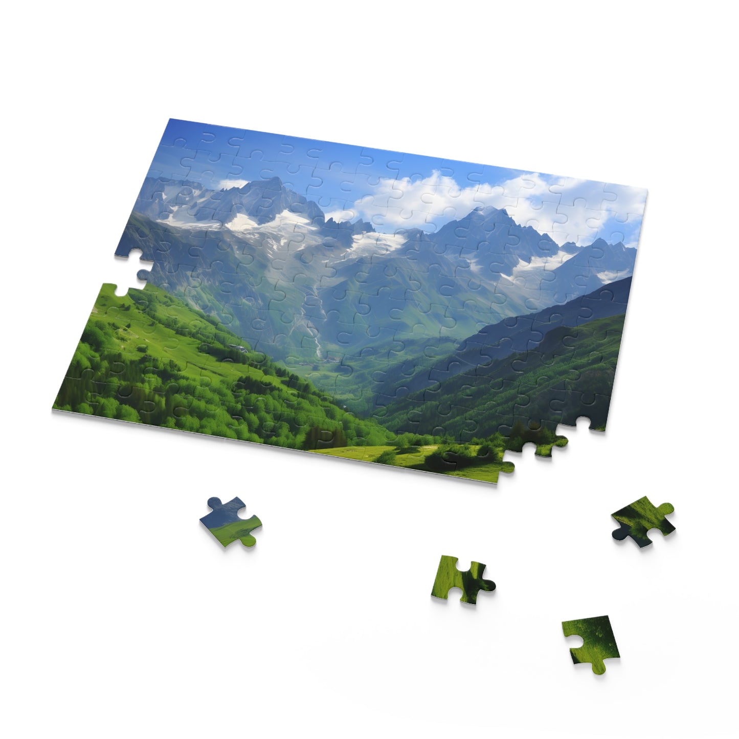 "Alpine Adventure Jigsaw Puzzle - French Alps scenery with snowy peaks and charming villages"