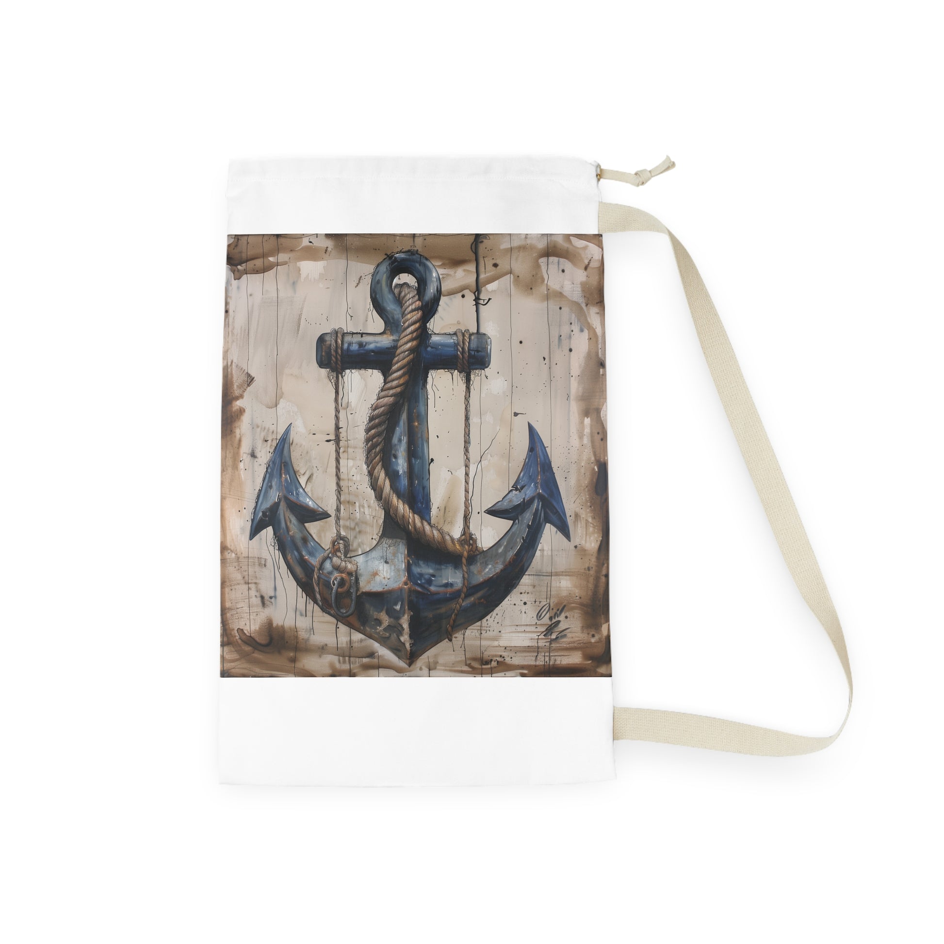 "Coastal anchor and rope laundry bag for easy transport and nautical charm"