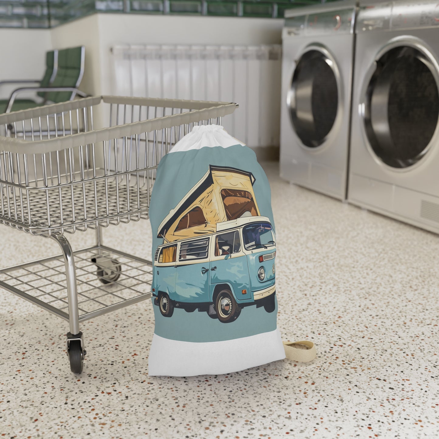 Blue retro camper van laundry bag, add fun to laundry routine with stylish transport option