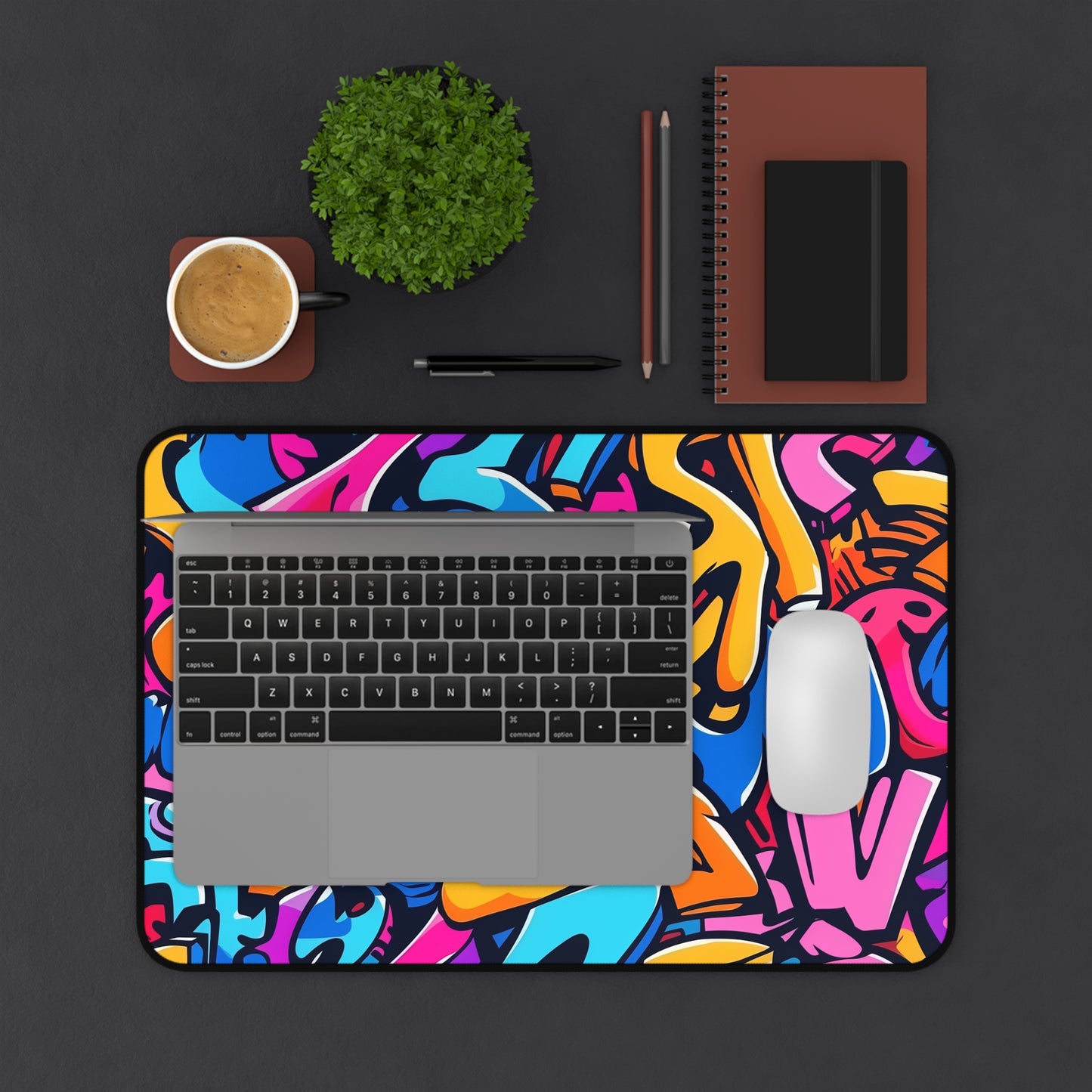 "Neon Graffiti Desk Mat - Vibrant urban pattern for organized workspace"