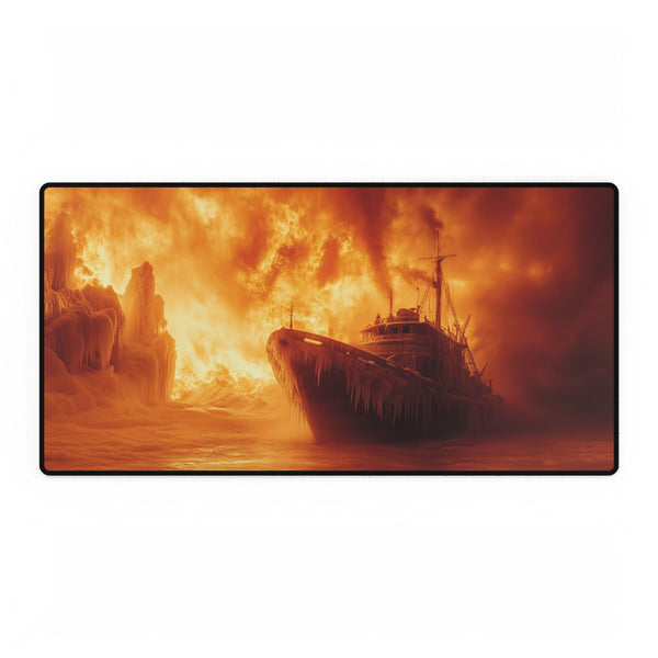 Frozen Ship Adrift in Firestorm — XL & XXL Desk Mat — Full Top-Down Artwork View