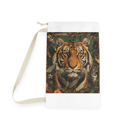 "Wild tiger print laundry bag for organizing dirty clothes with animal magic"