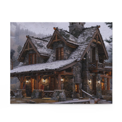 "Rustic Mountain Cabin Puzzle - Cozy cabin jigsaw with tranquil mountain scenery"