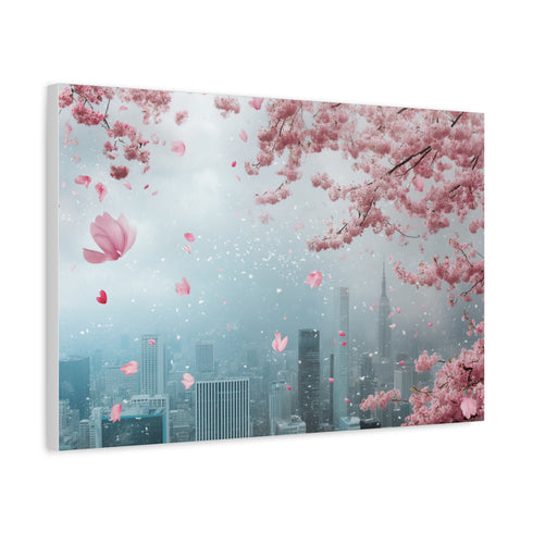 Cherry Blossoms Raining over City Skyline — Canvas Wall Art — Side Profile & Stretched Corner Detail