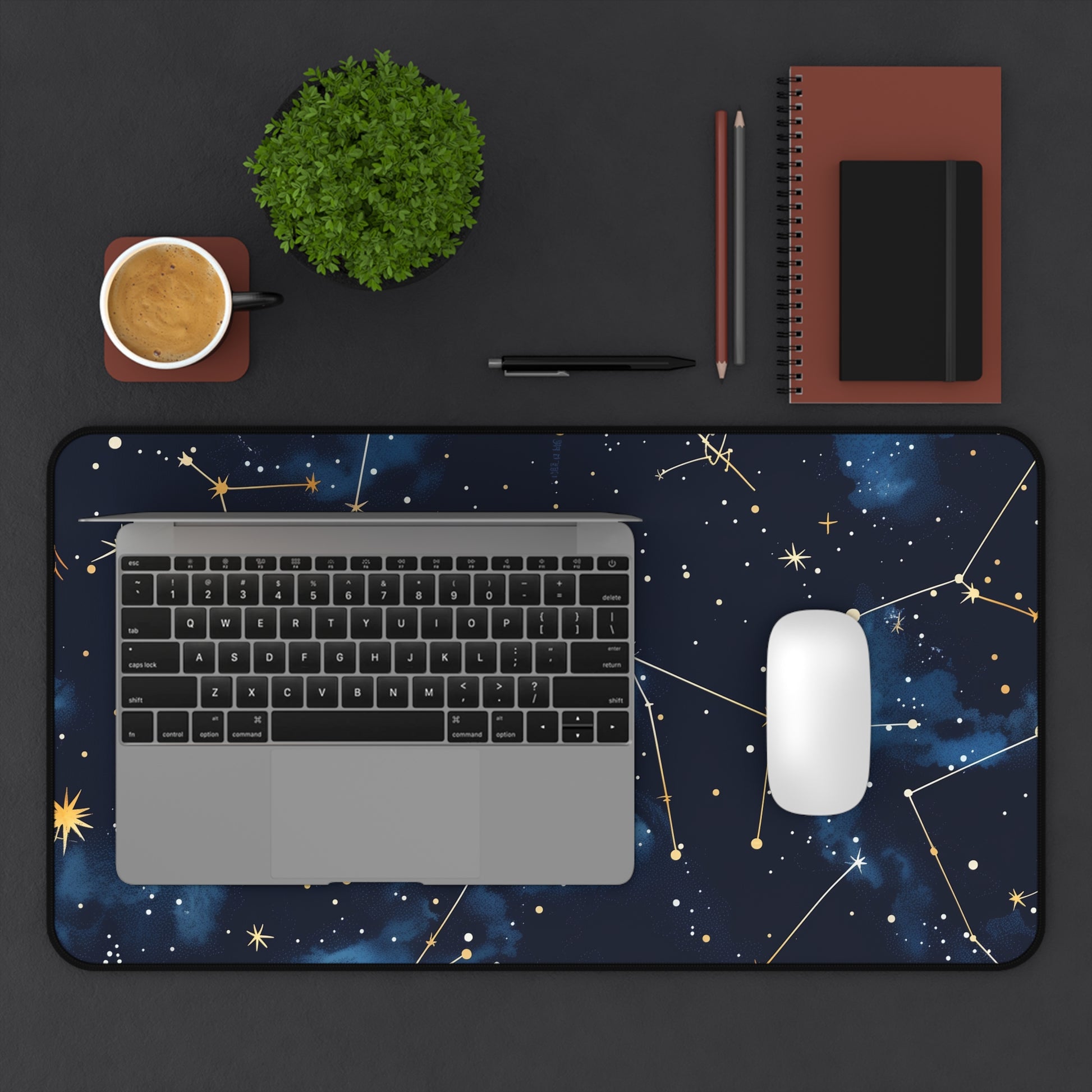 "Galactic Constellation Desk Mat with seamless star pattern for stylish workspace inspiration"