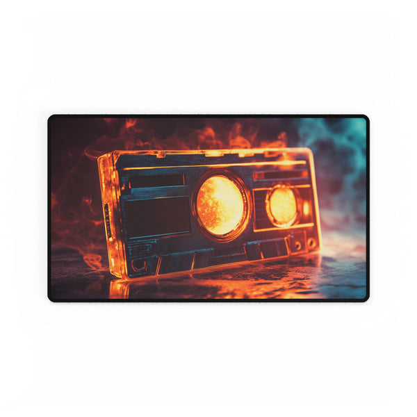 Retro Cassette Tape with Solar Flare — XL & XXL Desk Mat — Gaming & Workspace Desk Setup View