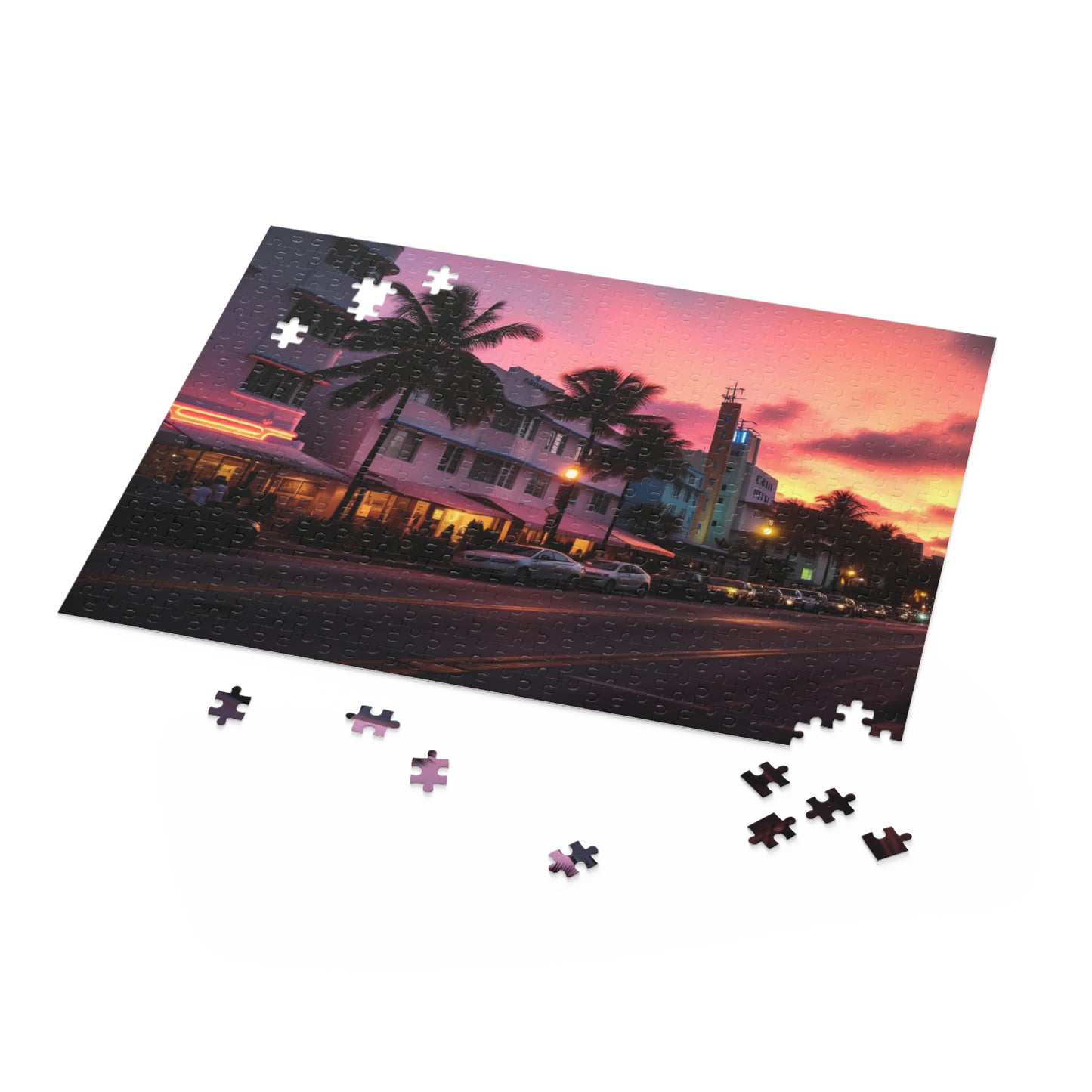 Miami Skyline Sunset Jigsaw Puzzle - Piece together the vibrant cityscape at dusk for a cozy evening activity