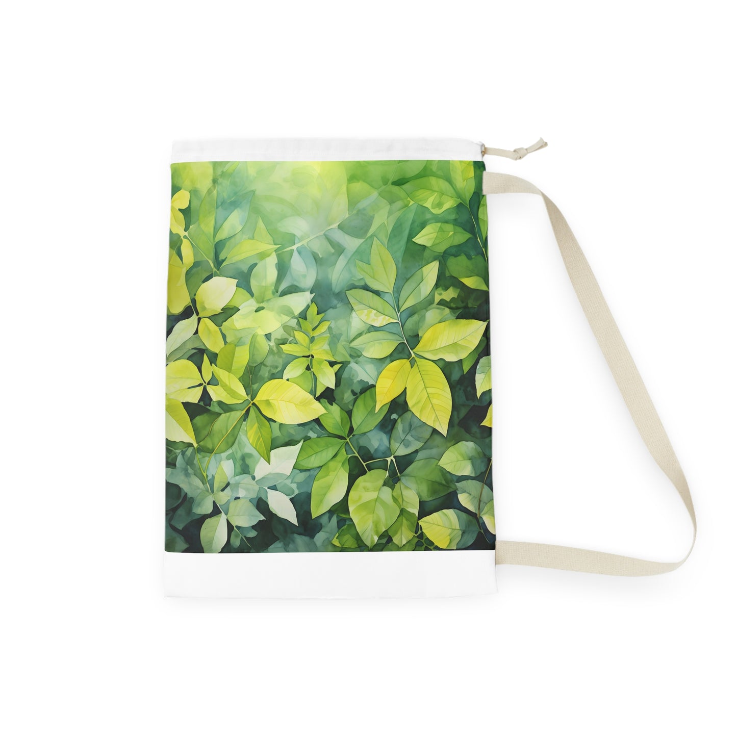 "Serene summer foliage watercolor laundry bag for nature lovers - transport yourself to a lush escape"