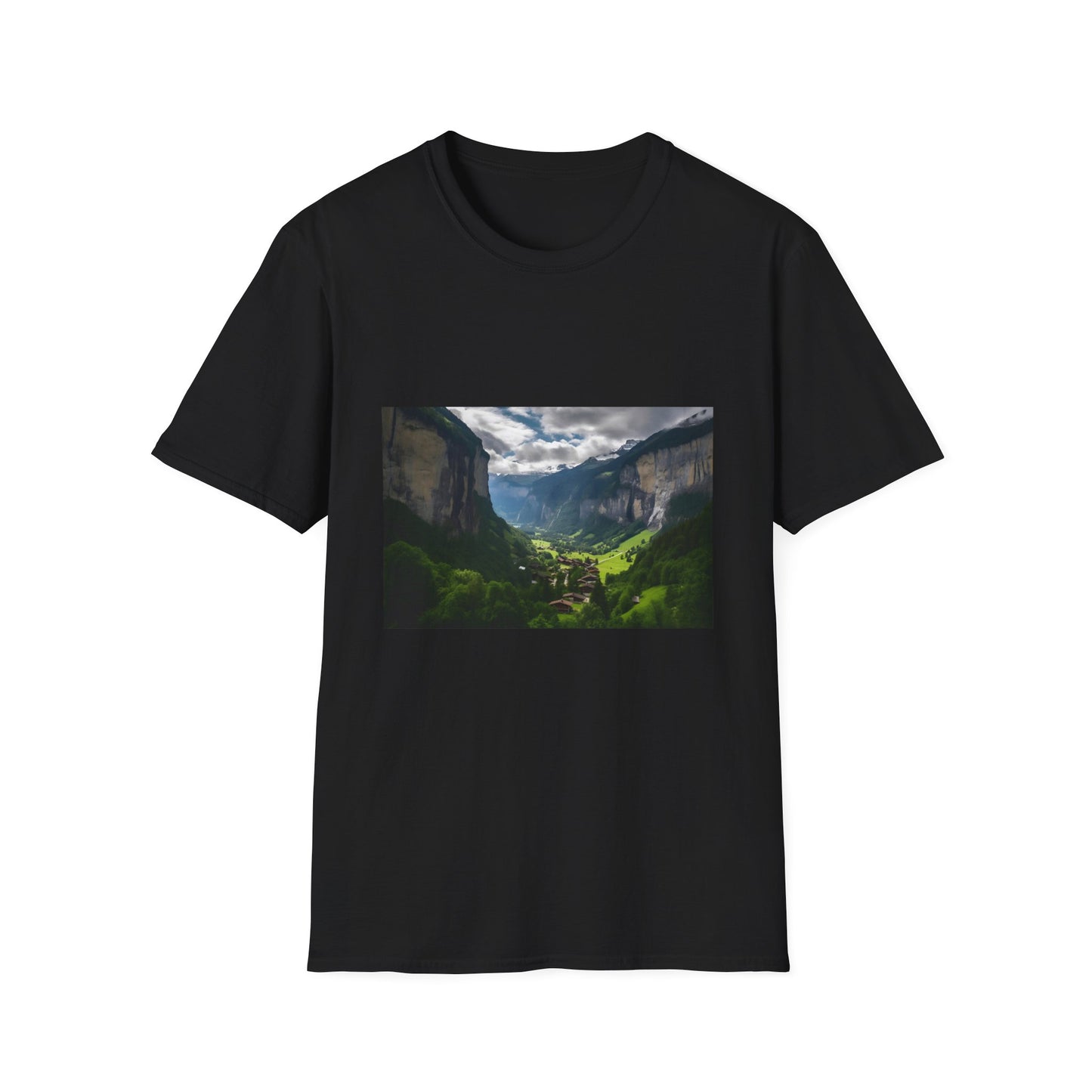 Symphony of Nature's Majesty | T-Shirt | Alpine Beauty, Hiking Trails 7. Cliffside Paths, Jungfrau Region, Lauterbrunnen Valley, Mountain Peaks, Rocky Ledges, Scenic Views, Swiss Alps, Waterfalls | Prints with Passion