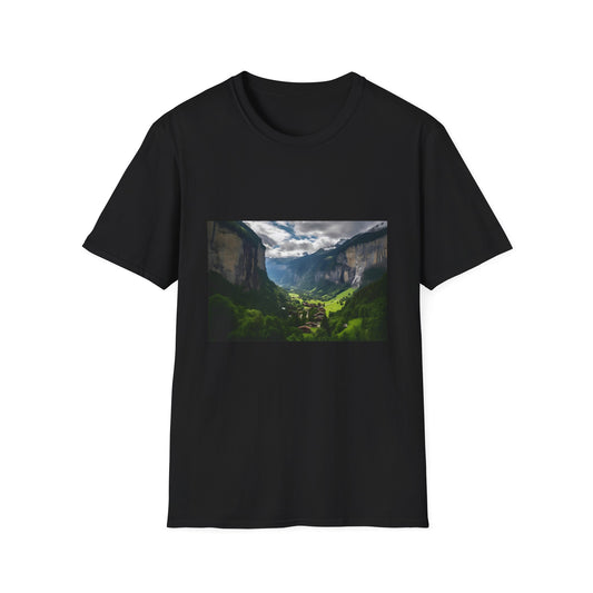 Symphony of Nature's Majesty | T-Shirt | Alpine Beauty, Hiking Trails 7. Cliffside Paths, Jungfrau Region, Lauterbrunnen Valley, Mountain Peaks, Rocky Ledges, Scenic Views, Swiss Alps, Waterfalls | Prints with Passion