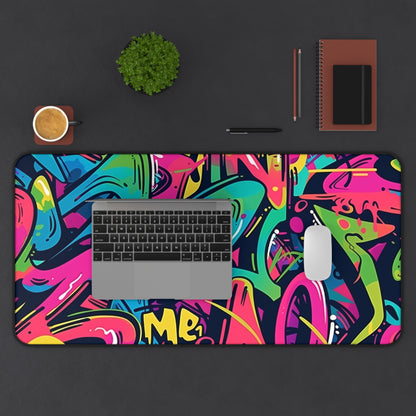 "Neon Urban Graffiti Desk Mat - Vibrant seamless pattern for stylish workspace protection"