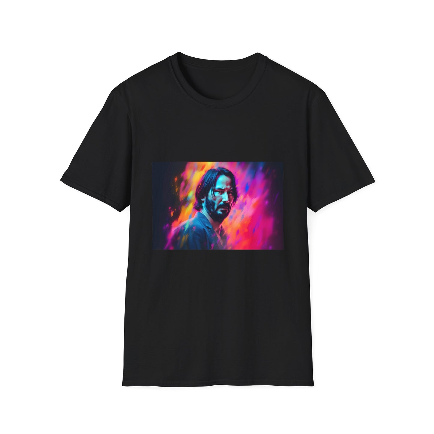 Timeless Icon in Vibrant Radiance | T-Shirt | Artistic, Keanu reeves, Movie star, Neon colors, Painting, Portrait, Retro, tshirt, Vintage, Watercolor | Prints with Passion