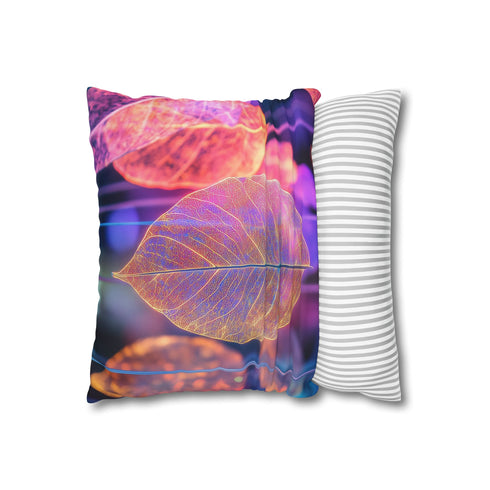 Dreamscape with Levitating Neon Leaves — 40×40 Cushion Cover — Soft Brushed Fabric Texture Close-Up