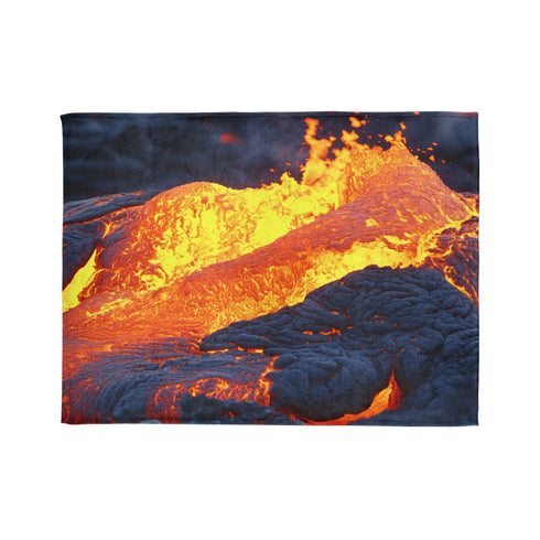 Lava Flowing from Floating Volcano — Plush Fleece Throw Blanket — 300 GSM Plush Coral Fleece Texture Close-Up