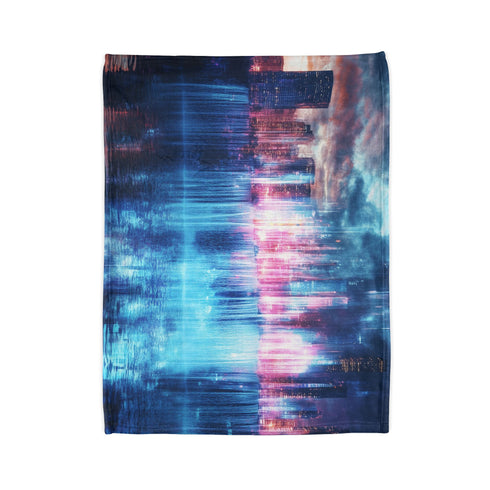 Digital Waterfall Cascading Across Skyline — Plush Fleece Throw Blanket — Folded Plush Blanket Detail