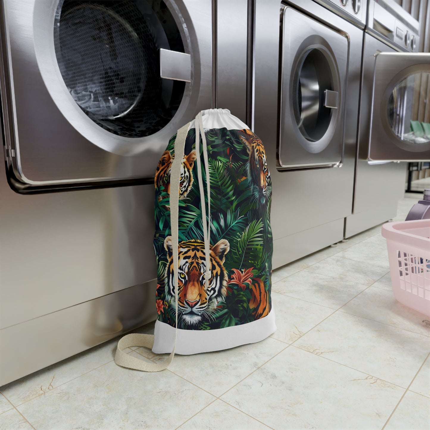 "Jungle Safari Tiger Laundry Bag - Stylish laundry transport with majestic tigers in lush foliage design"