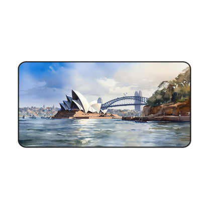 "Sydney skyline desk mat with vibrant aerial view of cityscape and landmarks"