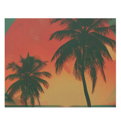 Retro Sunset Palms jigsaw puzzle with vibrant retro sunset over palm trees, ideal for relaxation and mindfulness.