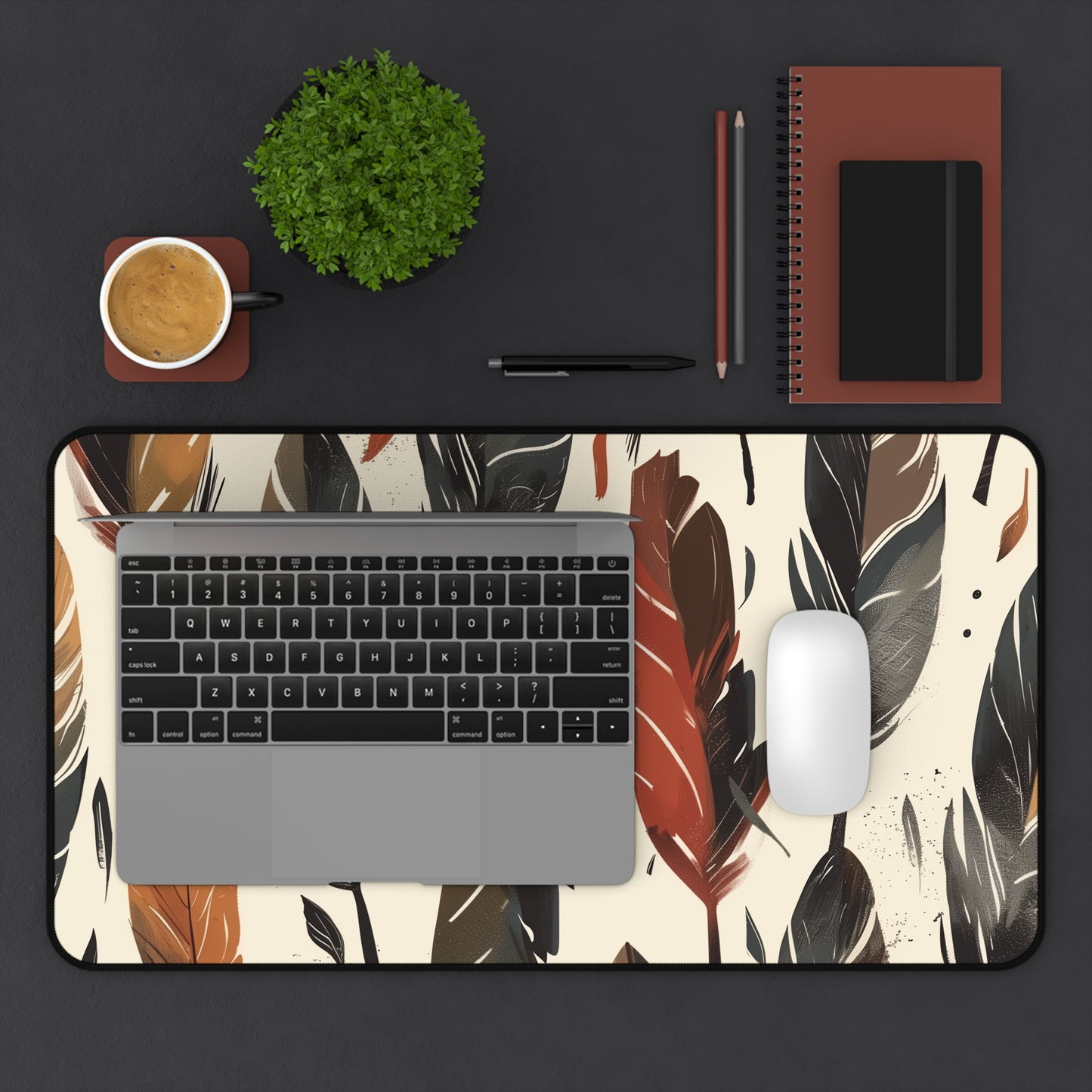 Boho Feather Desk Mat - Earthy Tones Seamless Pattern for Stylish Workspace