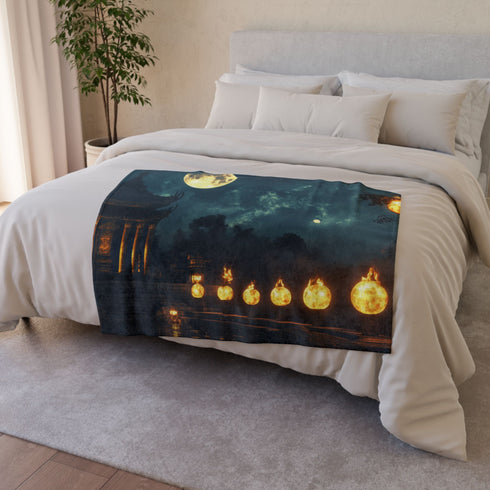 Moonlight Temple with Levitating Torches — Plush Fleece Throw Blanket — Product Detail View 6