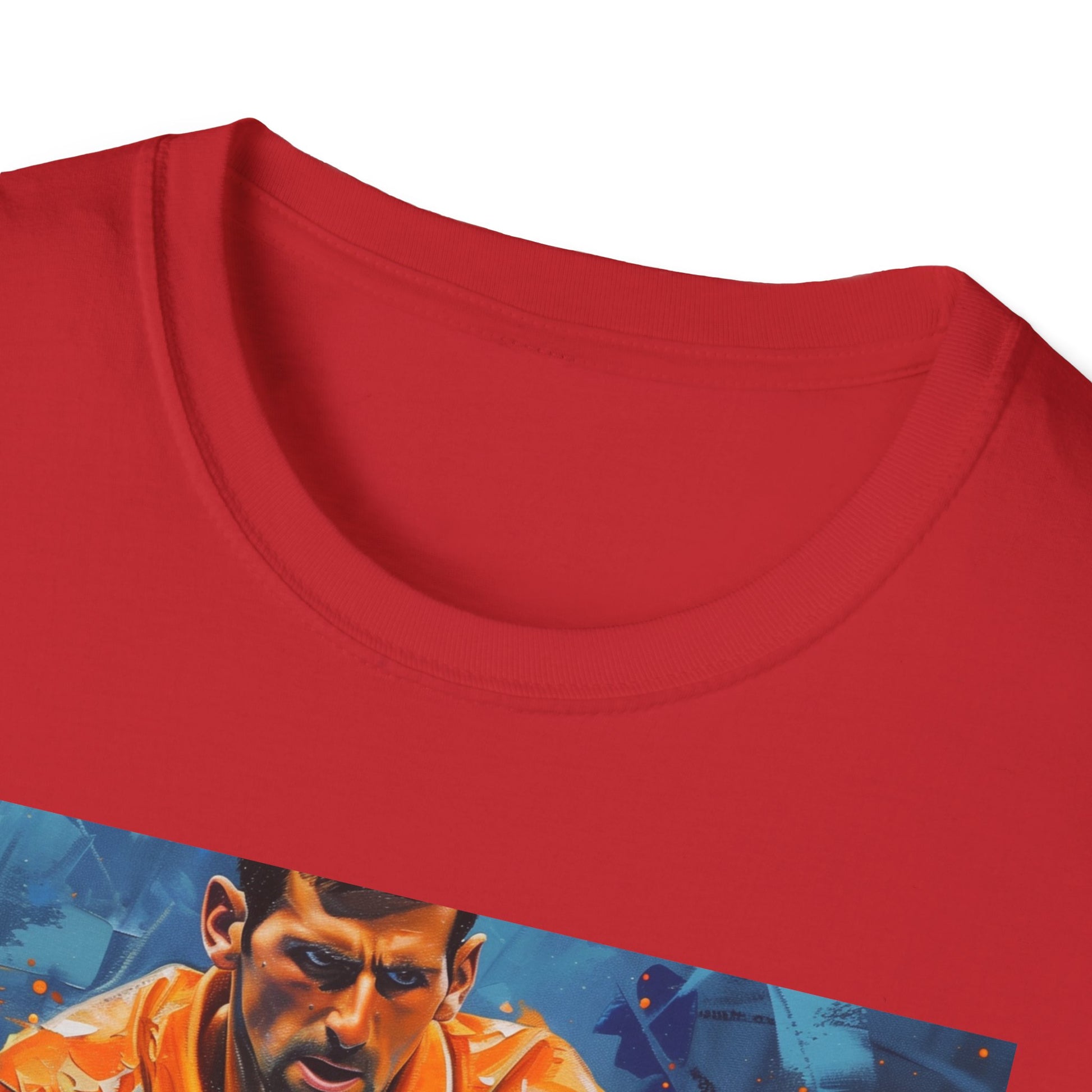 Alt text: "Djokovic Painting T-shirt featuring vibrant portrait of tennis champion with precise serve and agile footwork"