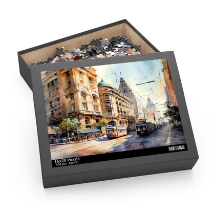 "Melbourne skyline jigsaw puzzle with iconic landmarks and striking architecture, perfect for travel lovers and puzzle enthusiasts"