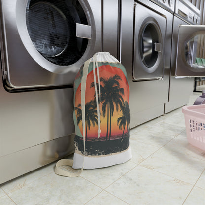 Tropical palm tree laundry bag with retro sunset design, keep laundry organized in style.