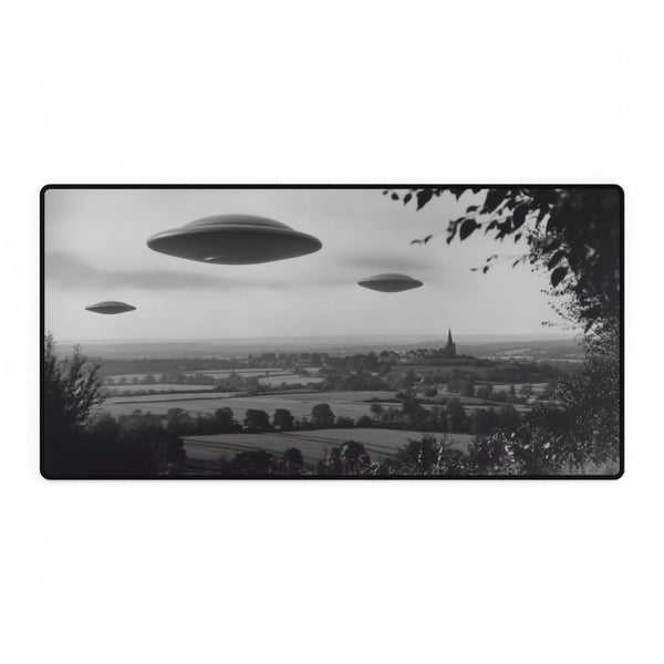 Retro UFO Invasion over Countryside — XL & XXL Desk Mat — Full Top-Down Artwork View